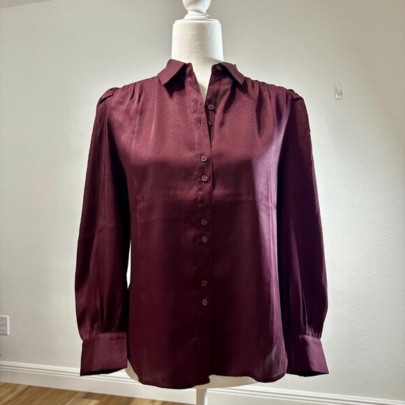 Ann Taylor Burgundy Puff Sleeve Pleated Button-Down Blouse – Size SP - Picture 2 of 16